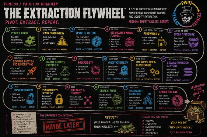 A detailed roadmap infographic called 'The Extraction Flywheel' by PIVOT, listing a series of cryptocurrency token launches and updates from July 2023 to mid-2026.