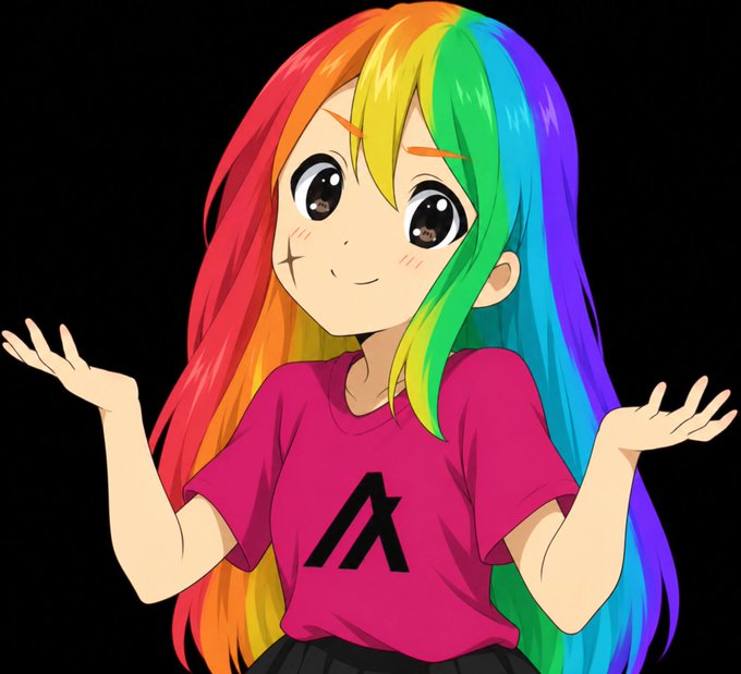 Anime-style illustration of a girl with rainbow-colored hair wearing a pink t-shirt featuring a lambda (λ) symbol, shrugging with a slight smile against a black background.
