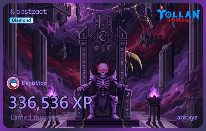 The image features a cartoon graphic of a skeleton sitting on a throne, with a purple background that gives off a spooky vibe. The text "XP Day on Abstract Chain" is written at the top of the image, indicating that this is an XP-themed event or promotion. The post also mentions that the character "Dennis Stög" has achieved a milestone in their role and bakery game, which adds to the overall theme of the post.
