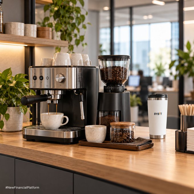 An office kitchen counter setup featuring a stainless steel espresso machine pulling a shot into a ceramic cup, alongside a black coffee grinder filled with beans, a travel mug labeled 'BYBT', and small bowls and jars, with the hashtag '#NewFinancialPlatform' at the bottom.