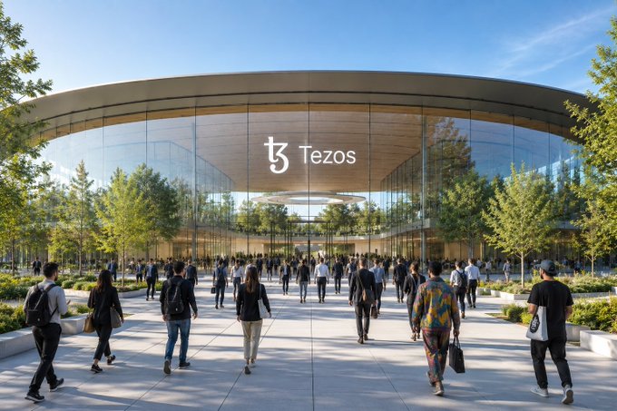 Architectural rendering of a modern Tezos headquarters building with large glass facade displaying the Tezos logo, with crowds of people walking on the plaza in front.