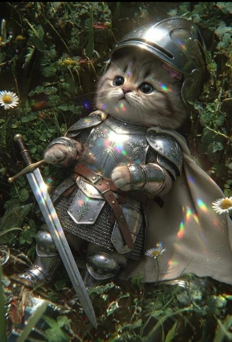 A whimsical digital artwork depicts a fluffy kitten wearing full medieval knight's armor, including a helmet, breastplate, and chainmail, while holding a sword in a forest setting with daisies and rainbow light flares.