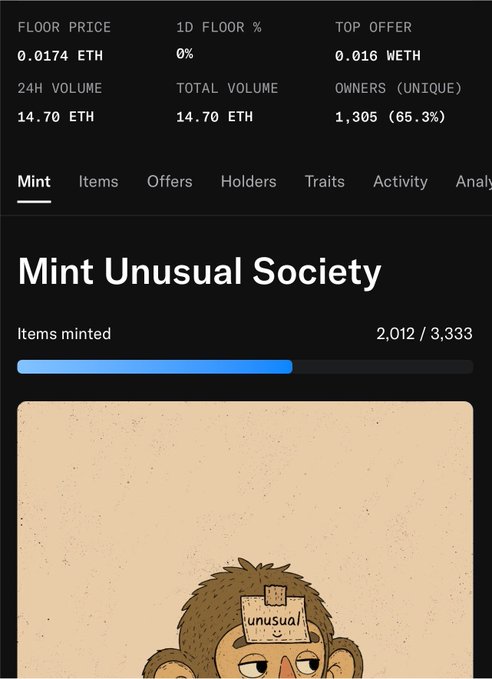 A screenshot of an NFT collection page titled 'Mint Unusual Society' showing 2,012/3,333 items minted, with a floor price of 0.0174 ETH and 14.70 ETH volume.