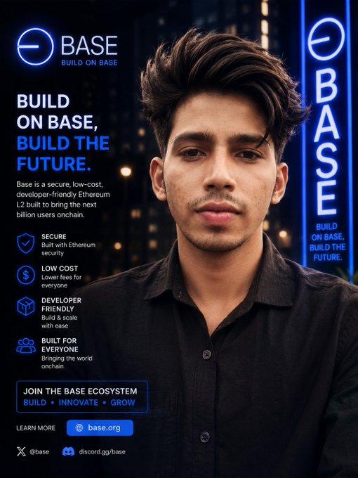 A promotional advertisement for Base blockchain featuring a young man with dark hair in a black shirt, with text 'BUILD ON BASE, BUILD THE FUTURE' highlighting features like 'SECURE', 'LOW COST', 'DEVELOPER FRIENDLY', and 'BUILT FOR EVERYONE' alongside base.org.