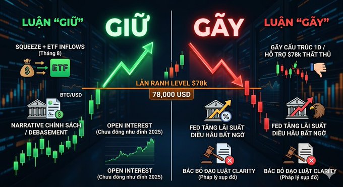 A Vietnamese financial infographic comparing 'GIỮ' (HOLD) and 'GẮY' (BREAK) scenarios for Bitcoin at the $78,000 level, discussing ETF inflows, open interest, and Fed monetary policy.