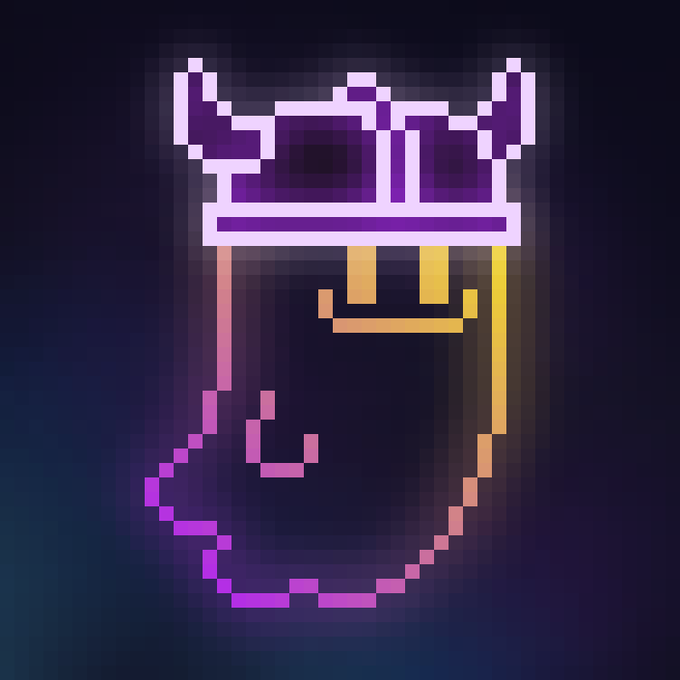 A pixel art illustration of a menacing horned helmet or mask with glowing purple eyes, dripping a pink and orange viscous substance that pools below against a dark blue background.