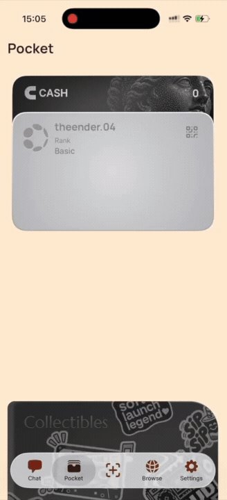The image shows a cell phone screen displaying various app icons, including one for the wallet app called "Pocket". The wallet app has a card reader feature that allows users to scan their credit cards or mobile payments. There are also other apps visible on the screen, such as a messaging app and a social media app. The background of the image is white with some brown text in the bottom left corner.