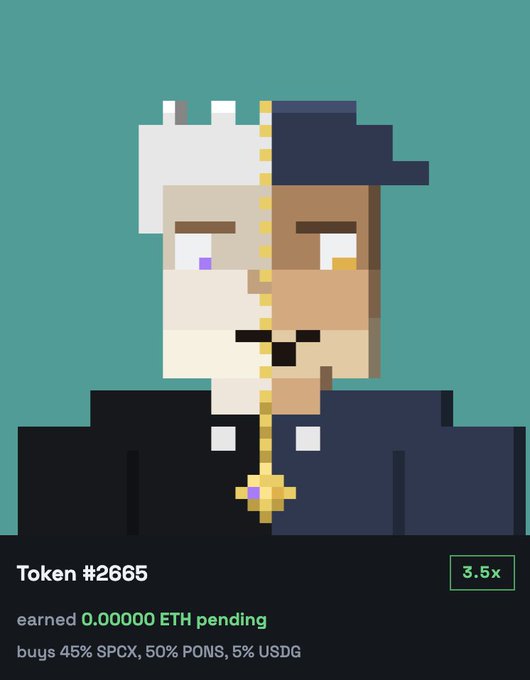 A pixel-art portrait labeled "Token #2665" shows a split-faced character with a chef's hat on one side and a cap on the other, representing the fused NFT from the StackersXYZ collection. The image displays "earned 0.00000 ETH pending" alongside a "3.5x" yield multiplier and trade details (45% SPCX, 50% PONS, 5% USDG), illustrating how fusing two NFTs boosted the user's passive yield earnings while reducing the collection's overall supply.