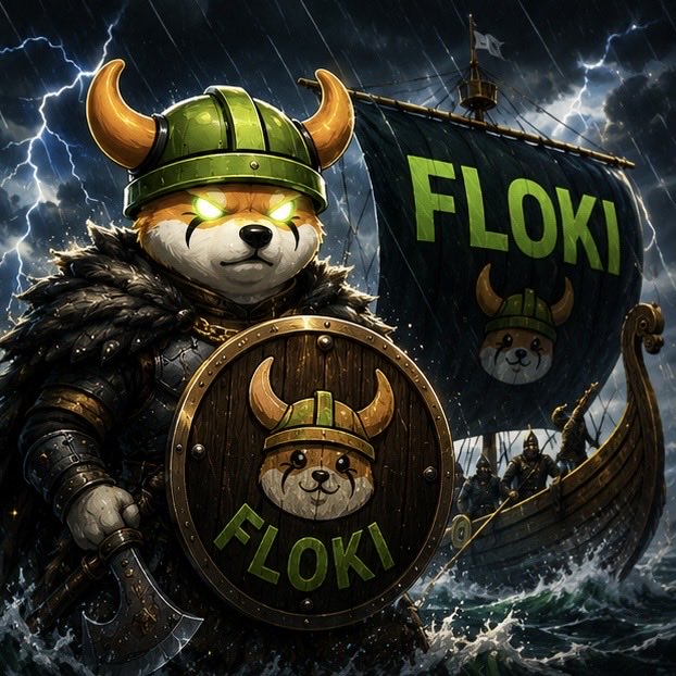 A digital illustration of a fierce dog wearing a Viking helmet and holding a shield, both branded with 'FLOKI', standing on a ship in a stormy sea.