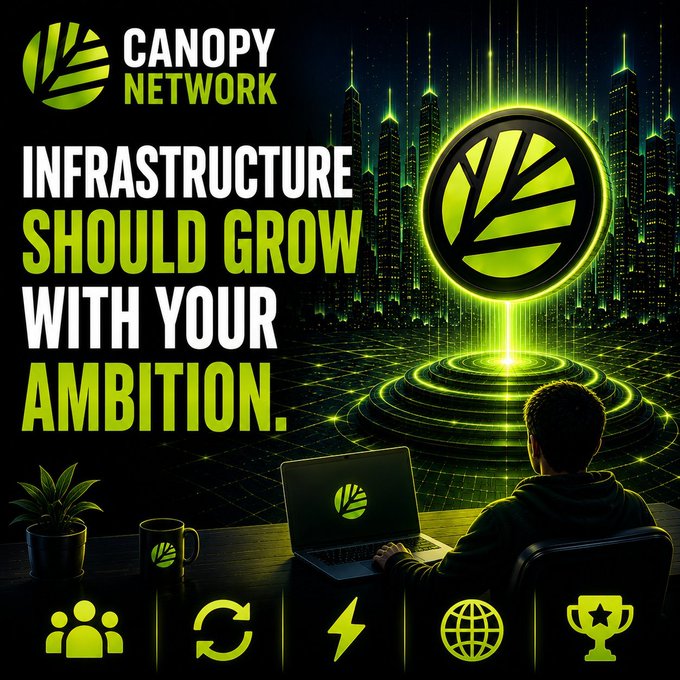 A promotional graphic for "Canopy Network" with the slogan "Infrastructure Should Grow With Your Ambition," depicting a person working on a laptop with a glowing green logo and cityscape background.