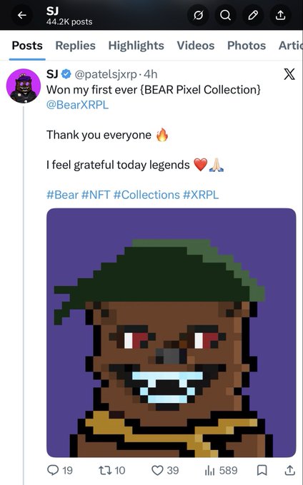 A tweet from @patelsjxrp celebrating winning their first BEAR Pixel Collection NFT, featuring a pixel art bear character and hashtags #Bear #NFT #Collections #XRPL.