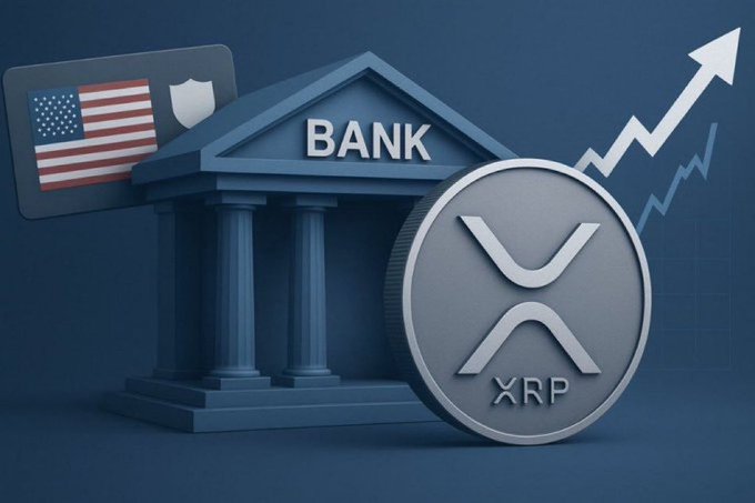 A 3D illustration shows a classical bank building labeled "BANK" beside a large XRP coin, with an American flag credit card and an upward-pointing growth chart arrow. The image visually amplifies the post's urgency by suggesting XRP's financial breakthrough tied to U.S. banking, though the giveaway appears to be a social media engagement scam.