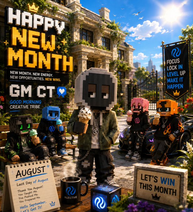 A Minecraft-style digital artwork displays 'HAPPY NEW MONTH' and 'GM CT GOOD MORNING CREATIVE TRIBE,' featuring blocky characters eating ice cream in front of a mansion, with text mentioning 'INJECTIVE' and 'AUGUST.'