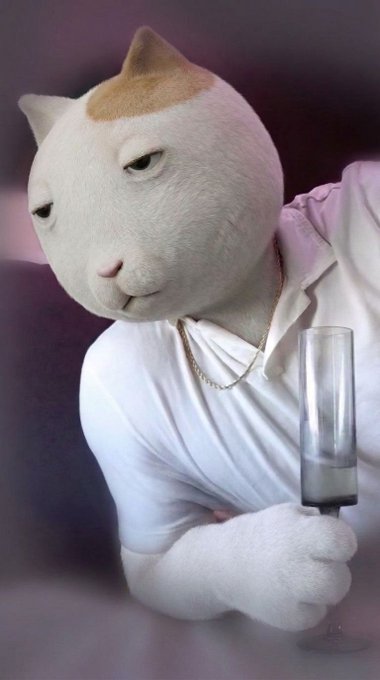 A person in a white shirt wears a cat mask and a gold chain, leaning on a table while holding a champagne flute with a melancholic expression—capturing the "gg" (good game) mood of accepting a loss referenced in the post.