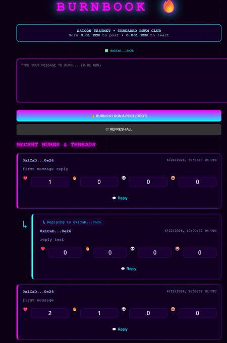 The image displays a page from a burnbook application with the title "blockchain stored threading and reactions" and various information such as a list of threads, the current thread number or page number, and some reactions. The main focus on this page is related to blockchain technology and its applications in thread management and reactions within an open source platform like the burnbook system.