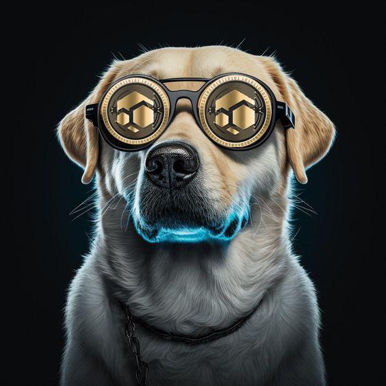 A digital illustration shows a Labrador dog wearing sunglasses with cryptocurrency coins in the lenses, featuring a glowing blue effect around its mouth.