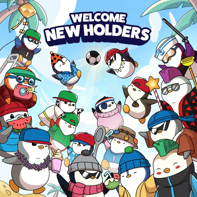 A colorful cartoon illustration of various penguins in different costumes and outfits with the bold text 'WELCOME NEW HOLDERS' at the top, appearing to be NFT mascot characters.
