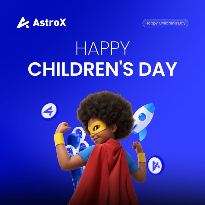The image features an illustration of a young child dressed as a superhero, wearing a red cape and mask while holding a rocket ship. The background is blue with white text that reads "Happy Children's Day" and includes a number 4. The caption below the image says "Follow @AstroX_Global Repost & Tag 3 friends Comment below with #AstroX for a chance to win 20 $USDT It".