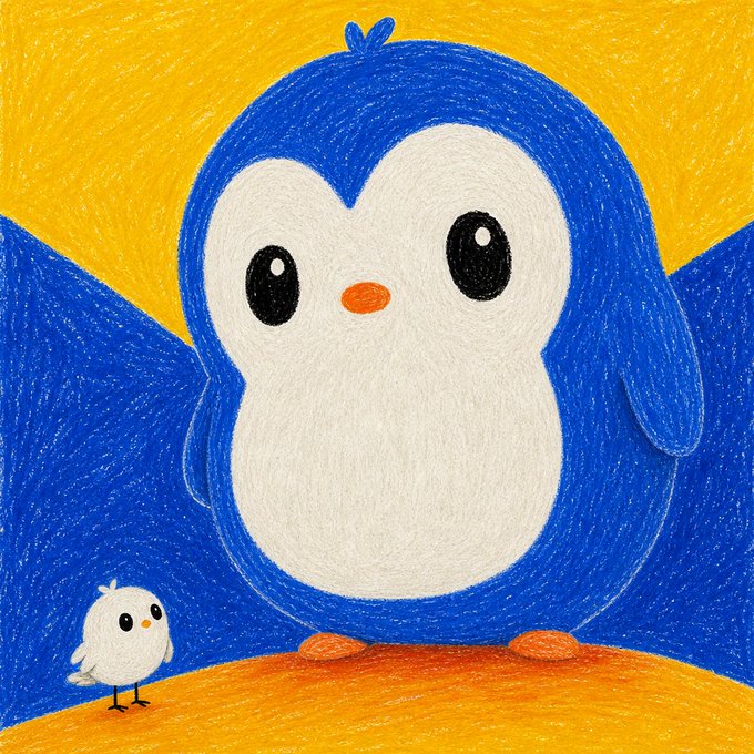 A colorful crayon-style drawing of a large blue and white penguin with a small white bird beside it against a yellow background.