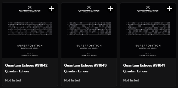 Three NFT listings for 'Quantum Echoes' series (#91642, #91643, #91641) on what appears to be the OpenSea marketplace, showing quantum circuit diagrams with 'SUPERPOSITION' text.