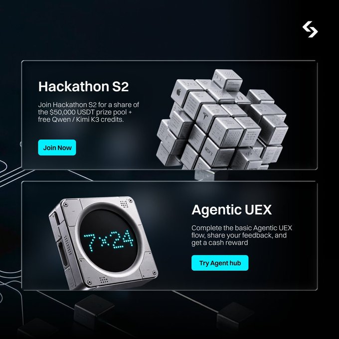 A promotional graphic featuring two dark-themed panels: the top advertises "Hackathon S2" with a $50,000 USDT prize pool and free Qwen/Kimi K3 credits, while the bottom promotes "Agentic UEX" alongside a metallic digital clock displaying "7:24," symbolizing the round-the-clock nature of AI-driven tokenized US stock trading highlighted in the post.