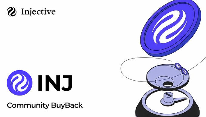 An Injective (INJ) 'Community BuyBack' graphic showing the Injective logo and an illustration of an INJ coin being deposited into a buyback mechanism.