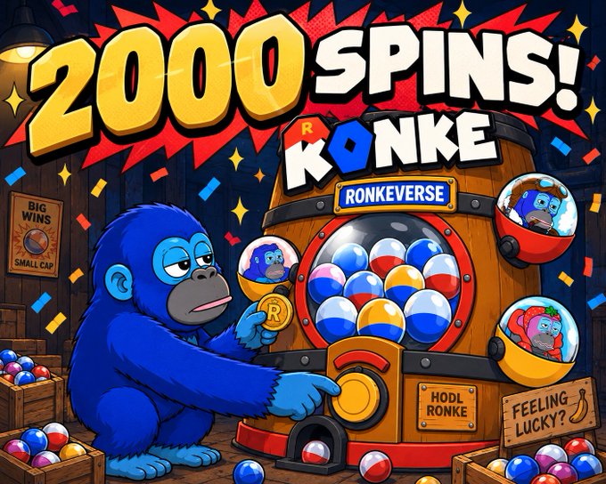 A colorful, cartoon-style promotional graphic for 'KONKE RONKEVERSE' featuring a blue gorilla inserting a coin into a capsule machine, with text reading '2000 SPINS!' and 'FEELING LUCKY?'.