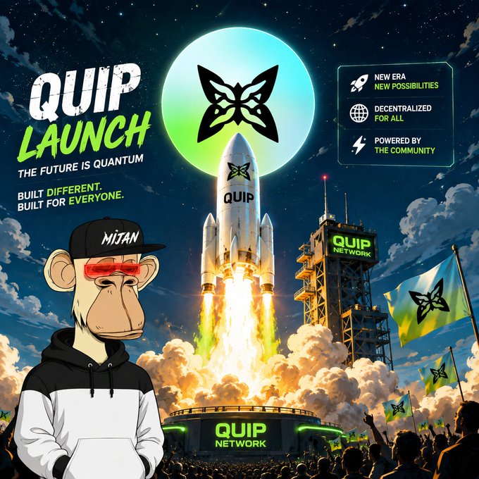 A promotional graphic for the "QUIP LAUNCH" featuring a rocket launch, a cartoon monkey character wearing a "MISTAN" cap and red glasses, and text including "THE FUTURE IS QUANTUM," "DECENTRALIZED FOR ALL," and "POWERED BY THE COMMUNITY."