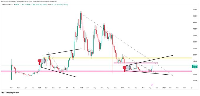 A TradingView candlestick chart for SIREN/USDT (Solomon Brothers) on Binance showing price action from 2024-2026 with trendlines, support/resistance zones marked in yellow and pink, and annotations including 'Mezoo (197...)' and numbers like 42.2016 and 50.0005.