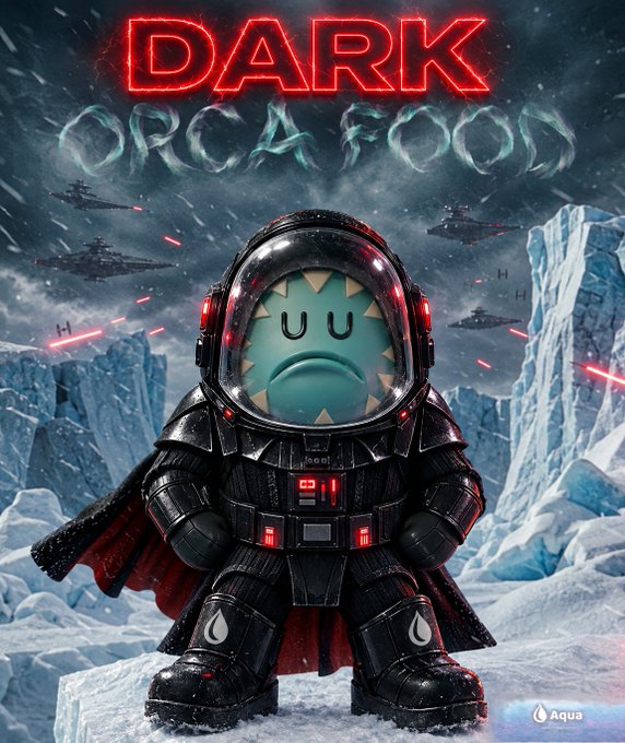 Promotional artwork featuring a cartoonish blue character in a black armored suit and cape standing on an icy landscape with star destroyers in the background, labeled 'DARK ORCAF00D' and 'Aqua'.
