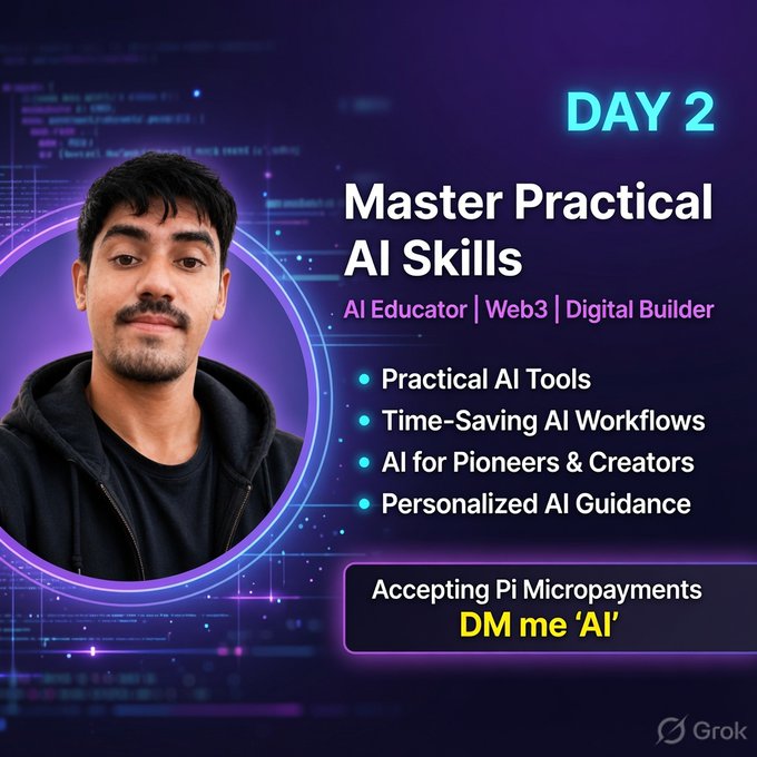 A promotional graphic titled 'DAY 2 - Master Practical AI Skills' features an AI Educator offering courses on Practical AI Tools, Time-Saving AI Workflows, and Personalized AI Guidance, with instructions to 'DM me AI' for Pi micropayments.