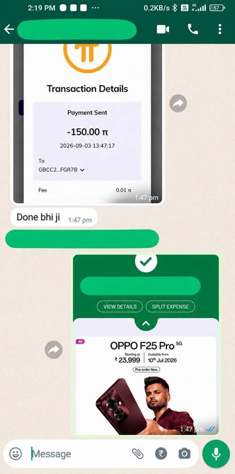 A WhatsApp message screenshot shows a transaction details of -150.00 π sent, with a reply 'Done bhi ji' and an OPPO Z25 Pro smartphone ad for ₹23,999.