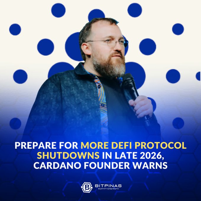 The image features a man wearing glasses, standing next to a microphone with his hand raised above it. The background of the image has blue dots arranged in a pattern that reads "prepare for more defi protocol shutdowns in late 2016, Cardano founder warnings".