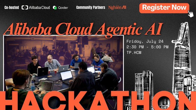 An event poster for the Alibaba Cloud Agentic AI Hackathon, co-hosted with Qoder and Community Partner Nghiện AI, scheduled for Friday July 24, 2:30-5:00 PM in TP.HCM.