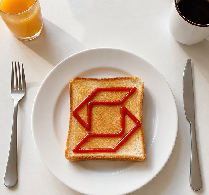 A slice of toast on a white plate features ketchup drawn in a geometric arrow-like pattern, accompanied by a glass of orange juice, a cup of coffee, a fork, and a knife.