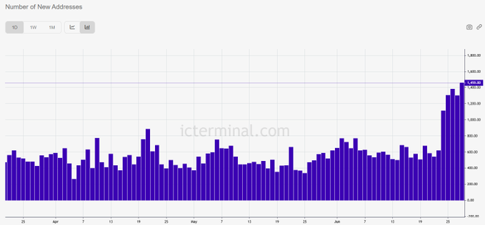 The image is a bar chart from icterminal.com titled "Number of New Addresses" showing daily new address creation over roughly a 3-month period (late March through late June), with bars consistently ranging between 200-1,000 for most of the timeframe before dramatically spiking to a peak of approximately 1,645 at the end of the period, visually supporting the claim that $ICP new addresses have been accelerating, with the recent surge corresponding to the 6.5K new addresses added in the last 5 days.