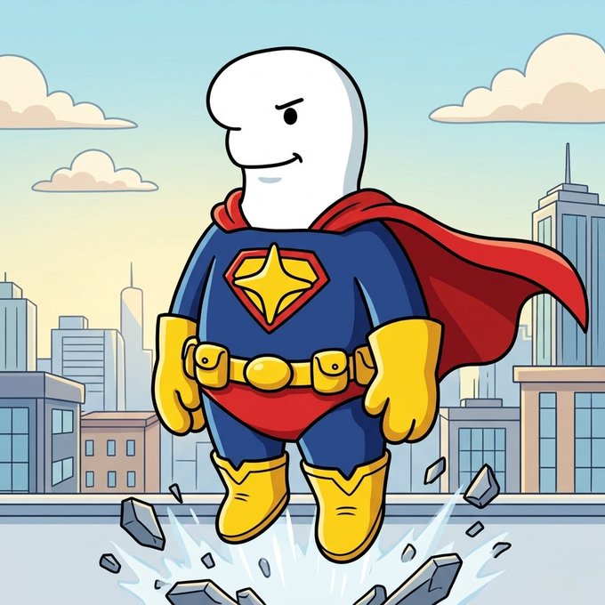 A cartoon superhero with a blank white head, wearing a blue suit, red cape, yellow boots, and a diamond emblem, standing triumphantly in a cityscape.