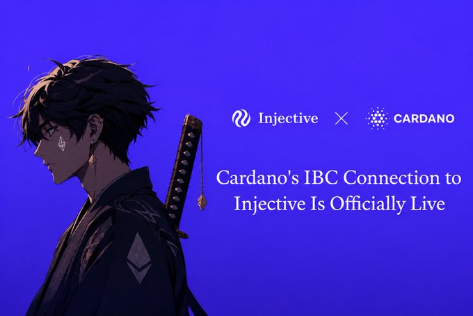 An anime-style character with dark hair and a sword stands against a blue background alongside logos for Injective and Cardano, announcing that 'Cardano's IBC Connection to Injective Is Officially Live.'