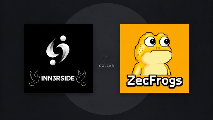 A collaboration announcement showing two logos side by side: INN3RSIDE (with a stylized silver figure on black) and ZecFrogs (a pixelated frog on yellow), connected by an 'x COLLAB' symbol.