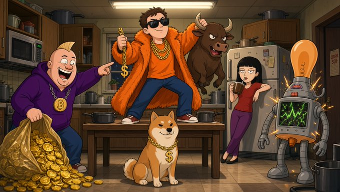 A cartoon-style scene of a crypto-rich character in sunglasses and an orange fur coat standing on a kitchen table with gold coins, a Shiba Inu with a dollar chain, a bull, and a robot with a lightbulb head.