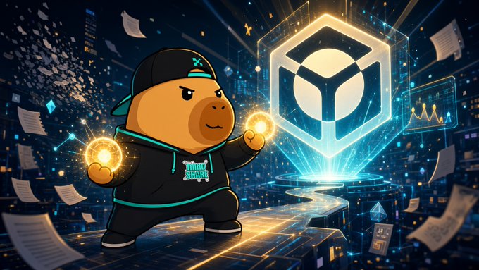 A cartoon bear character wearing a black cap and hoodie holding glowing orbs, standing in a digital cityscape with a large holographic cube logo and floating papers in the background.