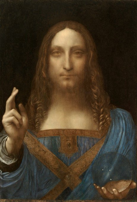 A Renaissance-style portrait depicts a long-haired, bearded figure in blue robes with gold trim, raising one hand in a blessing gesture while holding a transparent orb in the other. The image fits the "Good morning to all the art lovers" greeting, as this appears to be a famous religious painting (likely "Salvator Mundi" attributed to Leonardo da Vinci), celebrating classical art appreciation.