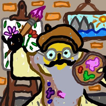 A cartoonish painting of a bearded wizard with glasses, wearing a brown hat and holding a paintbrush and palette, surrounded by colorful artwork on a brick wall. The whimsical wizard imagery visually represents the "Bitcoin Wizards" inscription collection being promoted in the post.