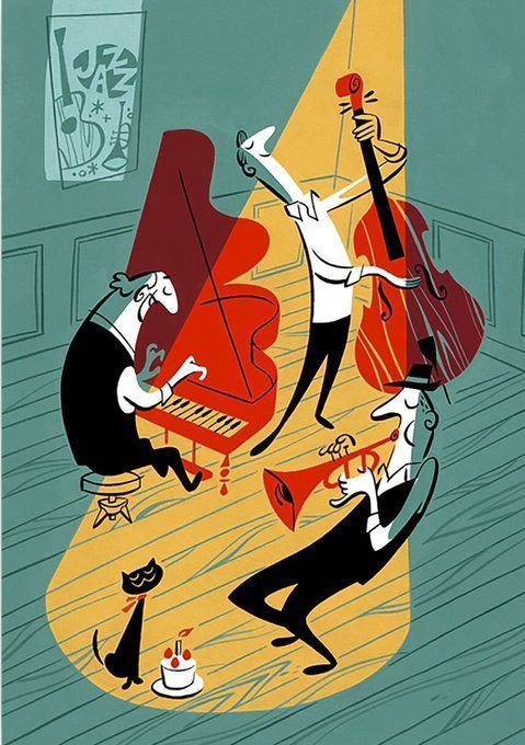 A stylized cartoon illustration of a jazz trio—a pianist, bassist, and trumpeter—performing under a spotlight, with a black cat and cake visible in the scene, and 'JAZZ' text on a poster.