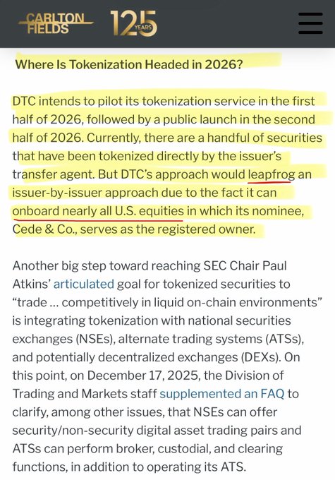 The image shows a Carlton Fields article titled "Where Is Tokenization Headed in 2026?" discussing DTC's plan to pilot tokenization in H1 2026 and publicly launch in H2 2026, highlighting its ability to onboard nearly all U.S. equities via Cede & Co. to leapfrog issuer-by-issuer approaches like those used by BlackRock, Franklin Templeton, and WisdomTree.