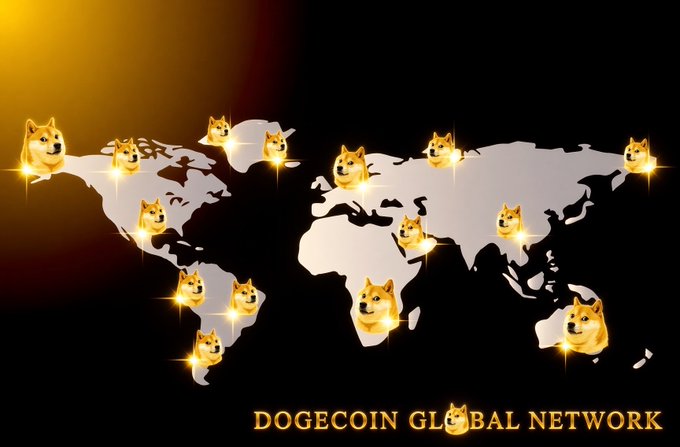 A stylized world map dotted with Shiba Inu dog icons glowing with golden light illustrates Dogecoin's worldwide accessibility, with the text "DOGECOIN GLOBAL NETWORK" prominently displayed beneath. The image visually reinforces the post's message about Dogecoin's ability to be sent anywhere globally in seconds for minimal cost.