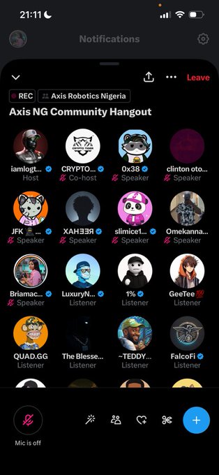 Screenshot of a mobile app showing an audio chat room titled "Axis NG Community Hangout" hosted by iamilogt, with multiple speakers and listeners including CRYPTO_..., 0x38, slimice1..., Briamac..., and others, with the mic turned off.