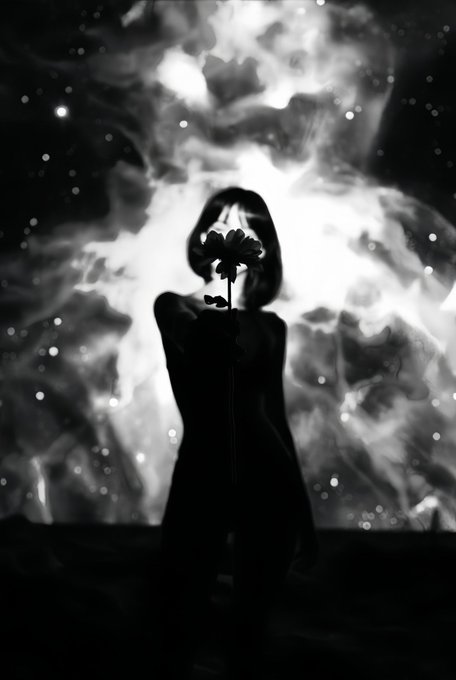 A silhouetted figure holds a flower against a luminous, nebula-like backdrop, embodying the post's theme of inner light shining through darkness—where a simple bloom becomes a quiet gift from an unseen, boundless universe. The ethereal glow behind the shadowy form mirrors the emotional depth described, capturing the silent beauty of standing in shadows while one's soul still radiates.