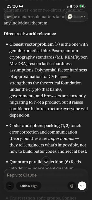 A mobile screen showing a conversation reply to Claude in dark mode, discussing direct real-world relevance with bullet points about post-quantum cryptography, codes and sphere packing, and quantum parallelism, timestamped 23:26.