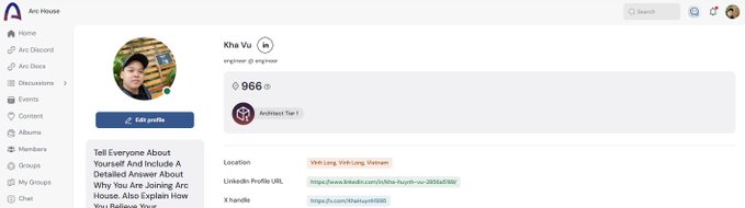 A profile screenshot from 'Arc House' for user 'Kha Vu' shows the location as 'Vinh Long, Vinh Long, Vietnam' and includes details about joining the platform.